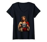 Femme Portrait de Jésus avec Couronne d'Épines Vintage T-Shirt avec Col en V