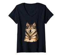Femme Portrait de Loup majestueux Animal Sauvage - Art de la T-Shirt avec Col en V