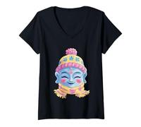 Femme Portrait de méditation d'hiver Souriant avec Visage Bleu T-Shirt avec Col en V