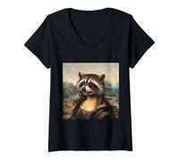 Femme Portrait de Raton Laveur inspiré de Mona Lisa - Parodie de Style Renaissance T-Shirt avec Col en V
