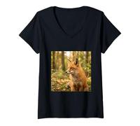 Femme Portrait de Renard Rouge en Gros Plan, scène de forêt Sauvage T-Shirt avec Col en V