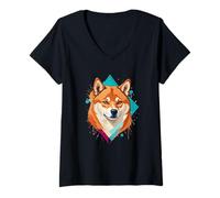 Femme Portrait de Shiba Inu - éclaboussures de peinture et fond gé T-Shirt avec Col en V