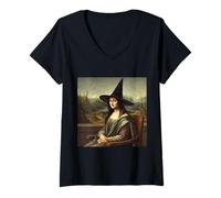 Femme Portrait de sorcière inspiré de Mona Lisa - Chapeau Classique d'halloween T-Shirt avec Col en V