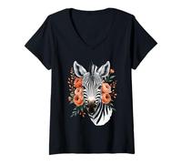 Femme Portrait de Zèbre Floral T-Shirt avec Col en V
