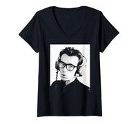 Femme Portrait d'Elvis Costello en Train de Regarder The Detectives Era 1977 T-Shirt avec Col en V