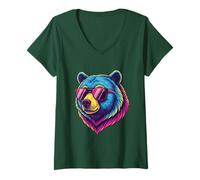 Femme Portrait d'ours drôle avec Lunettes de Soleil T-Shirt avec Col en V