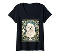 Femme Portrait élégant de Chien Maltais Art Nouveau T-Shirt avec Col en V