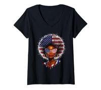 Femme Portrait Femme Afro Drapeu Américaine T-Shirt avec Col en V
