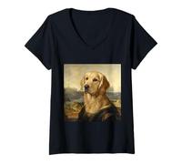 Femme Portrait inspiré de Mona Lisa Golden Retriever T-Shirt avec Col en V