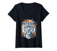 Femme Portrait Léopard des Neiges Floral T-Shirt avec Col en V
