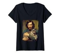 Femme Portrait Of A Man And His Cat Amoureux Des Chats Art T-Shirt avec Col en V