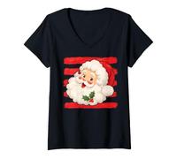 Femme Portrait rétro du Père Noël Classique Art des Vacances T-Shirt avec Col en V