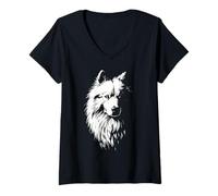 Femme Portrait Samojede - Chien Blanc Moelleux Doux T-Shirt avec Col en V
