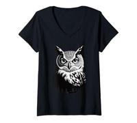 Femme Portrait symétrique du Grand Hibou à Cornes T-Shirt avec Col en V
