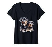 Femme Portraits de Chien Rottweiler T-Shirt avec Col en V