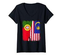 Femme Portugal Malaisie Demi Drapeau Portugais Malaisien Patrimoine T-Shirt avec Col en V