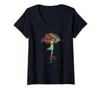 Femme Pose d'arbre de Yoga avec Motif Cosmique, méditation Zen T-Shirt avec Col en V