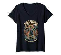 Femme Poséidon avec trident sortant de la mer dans une inondation urbaine orageuse T-Shirt avec Col en V