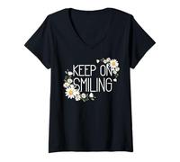 Femme Positive Floral Daisy Flower, Inspirational, Keep on Smiling T-Shirt avec Col en V