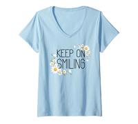 Femme Positive Floral Daisy Flower, Inspirational, Keep on Smiling T-Shirt avec Col en V