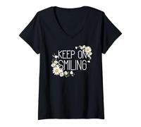Femme Positive Floral Daisy Flower, Inspirational, Keep on Smiling T-Shirt avec Col en V