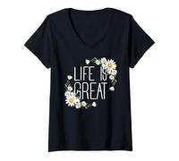 Femme Positive Floral Daisy Flower, Inspirational, Life is Great T-Shirt avec Col en V