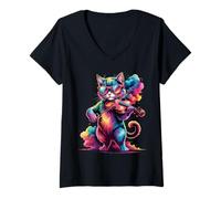 Femme Poster de Chat Jouant du Violon coloré T-Shirt avec Col en V