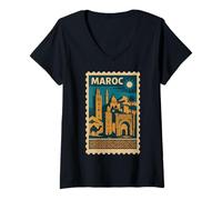 Femme Poster de Voyage Vintage Maroc T-Shirt avec Col en V