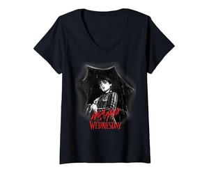 Femme Poster Lady Gaga x Mercredi T-Shirt avec Col en V, Noir, XL