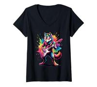 Femme Poster Style Guitare Loup coloré éclaboussures Art Graphique T-Shirt avec Col en V