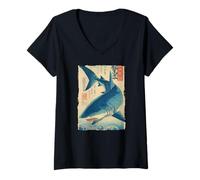 Femme Poster Vintage représentant Un Requin Japonais Ukiyo-e T-Shirt avec Col en V