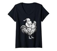 Femme Poulet de Noël Vintage - Père Noël chevauchant Noël Crazy Coq T-Shirt avec Col en V