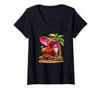Femme Poulet d'été sur Une Chaise de Plage Buvant des Vacances à la Noix de Coco T-Shirt avec Col en V