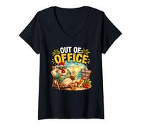 Femme Poulet Hors du Bureau Mode Vacances Tropicales activé T-Shirt avec Col en V