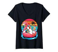 Femme Poulet Lunettes Plage Été Vacances Bouée Flamant T-Shirt avec Col en V