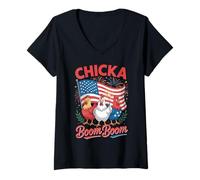 Femme Poulet patriotique Chicka Boom Boom Funny du 4 juillet T-Shirt avec Col en V
