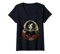 Femme Poupée Gothique Dark Zombie Style Chibi Roses et Papillons T-Shirt avec Col en V