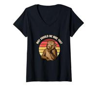 Femme Pourquoi devrions-Nous Vous embaucher ? Mème Humoristique su T-Shirt avec Col en V