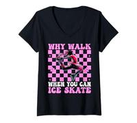 Femme Pourquoi Marcher Quand Vous Pouvez patiner sur Glace Patinage Artistique Patinage sur Glace T-Shirt avec Col en V