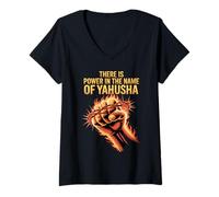Femme Pouvoir au nom de Yahusha Hébreu Lion de Juda Foi T-Shirt avec Col en V
