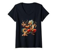Femme Pouvoir Mythique du Dragon féroce T-Shirt avec Col en V