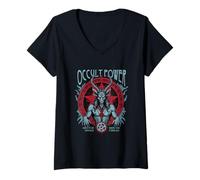 Femme Pouvoir Occulte - Illustration de chèvre Noire et Pentagramme T-Shirt avec Col en V