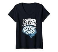 Femme Powder on The Brain Illustration rétro Skier Citation T-Shirt avec Col en V