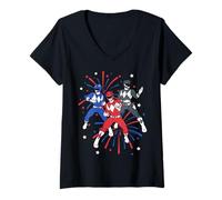 Femme Power Rangers 4th of July Mighty Morphin Rangers Fireworks T-Shirt avec Col en V