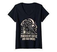 Femme Powered by Coffee and Bad Omens Corbeau Gothique T-Shirt avec Col en V