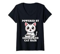 Femme Powered by Coffee and Cat Hair T-Shirt avec Col en V