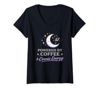 Femme Powered by Coffee Cosmic Energy Astrologie Moon Women T-Shirt avec Col en V