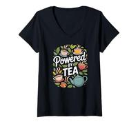 Femme Powered by Tea Cup Leaves Théière Fun Art T-Shirt avec Col en V