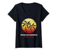Femme Praia Da Marinha, Portugal, Plage Tropicale au Coucher de Soleil rétro avec Palmiers T-Shirt avec Col en V