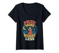 Femme Pray More Worry Less Philippians 4:6 Verse biblique chrétienne T-Shirt avec Col en V